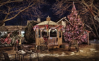 Festive Christmas Gazebo And Tree In Winter Backyard At Night
