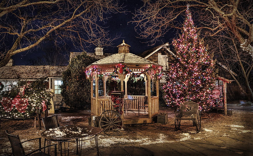 Festive Christmas Gazebo And Tree In Winter Backyard At Night