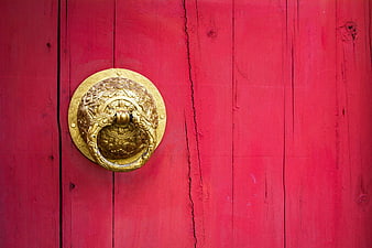 Golden Dragon Door Knocker on Red Wooden Door
