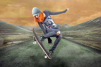 Young woman performing skateboard trick on rural road at sunset