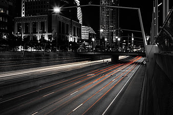 Night Highway Traffic Light Trails in Black and White