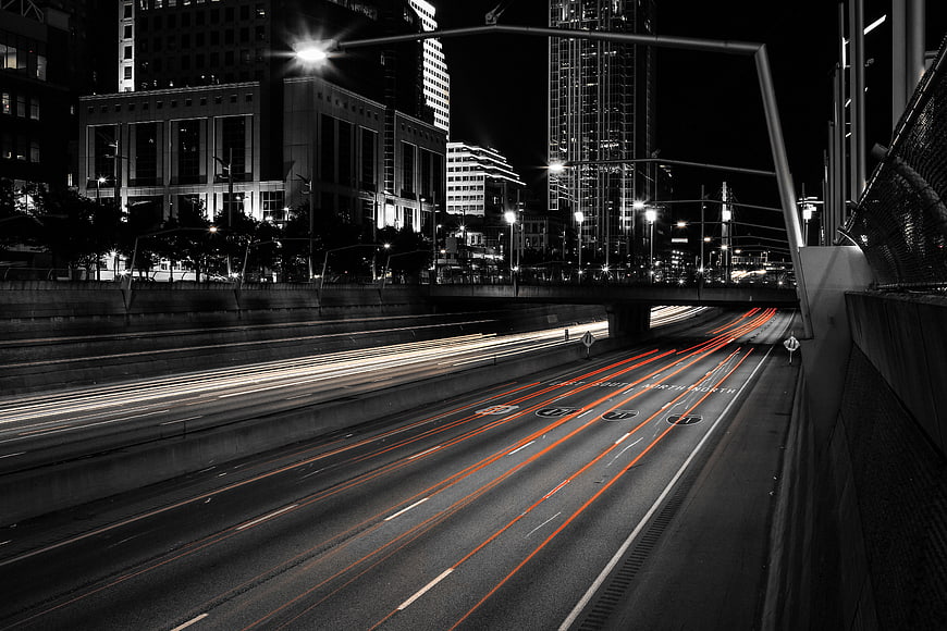 Night Highway Traffic Light Trails in Black and White