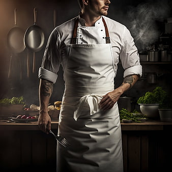 Professional Chef in Kitchen with Apron and Utensils