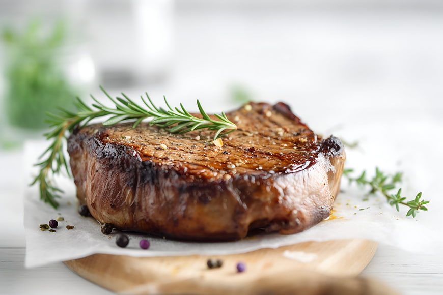Grilled Beef Steak with Rosemary on Wooden Board