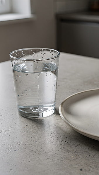 Condensation on a Glass of Water on a Concrete Table