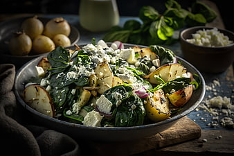 Rustic roasted potato and spinach salad with feta cheese
