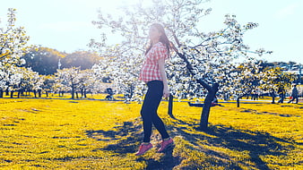 Pregnant woman walking in a park with blooming white trees