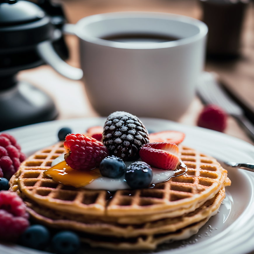 Stack of waffles with fresh berries and honey