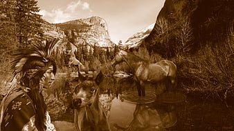 Indigenous man with headdress and horses in sepia mountain landscape