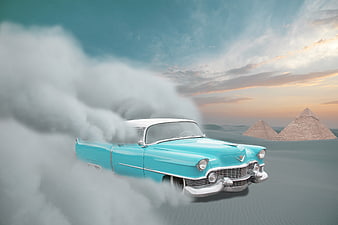 Vintage Blue Cadillac in Desert Sandstorm Near Pyramids at Sunset