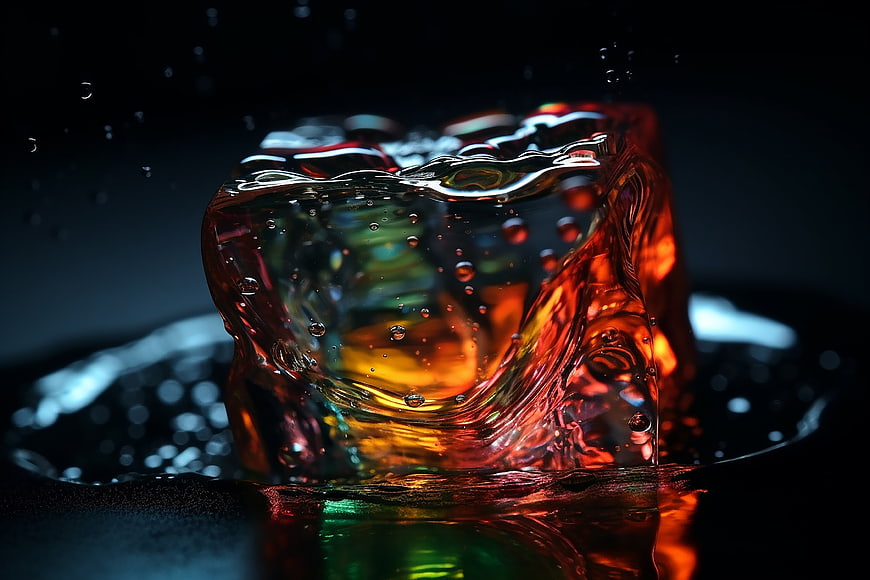 Macro shot of glowing amber ice cube with water droplets