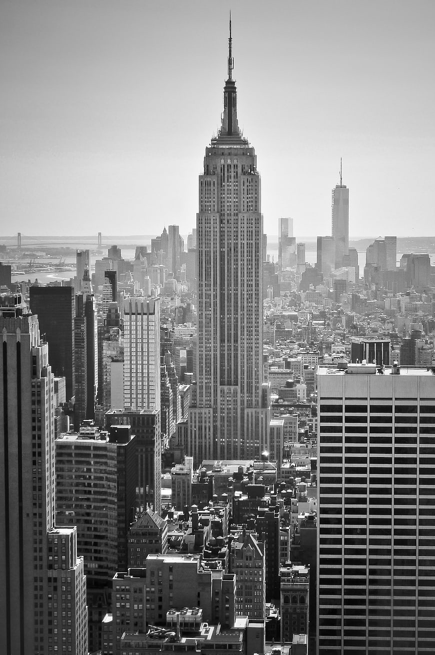 Black and white Empire State Building New York City skyline