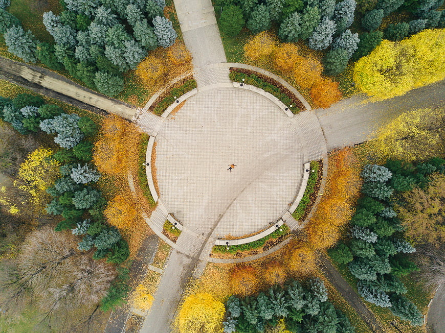 Aerial view of circular park rotunda in autumn