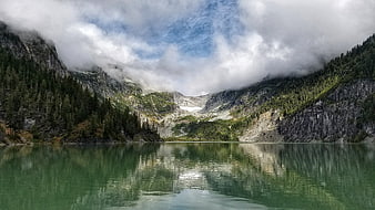 Serene Alpine Lake with Mountain Reflections and Cloudy Sky