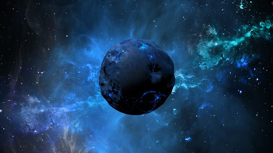 Dark Asteroid Floating In Blue Cosmic Nebula Space Background