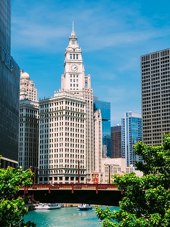 Chicago River and Wrigley Building Clock Tower Skyline
