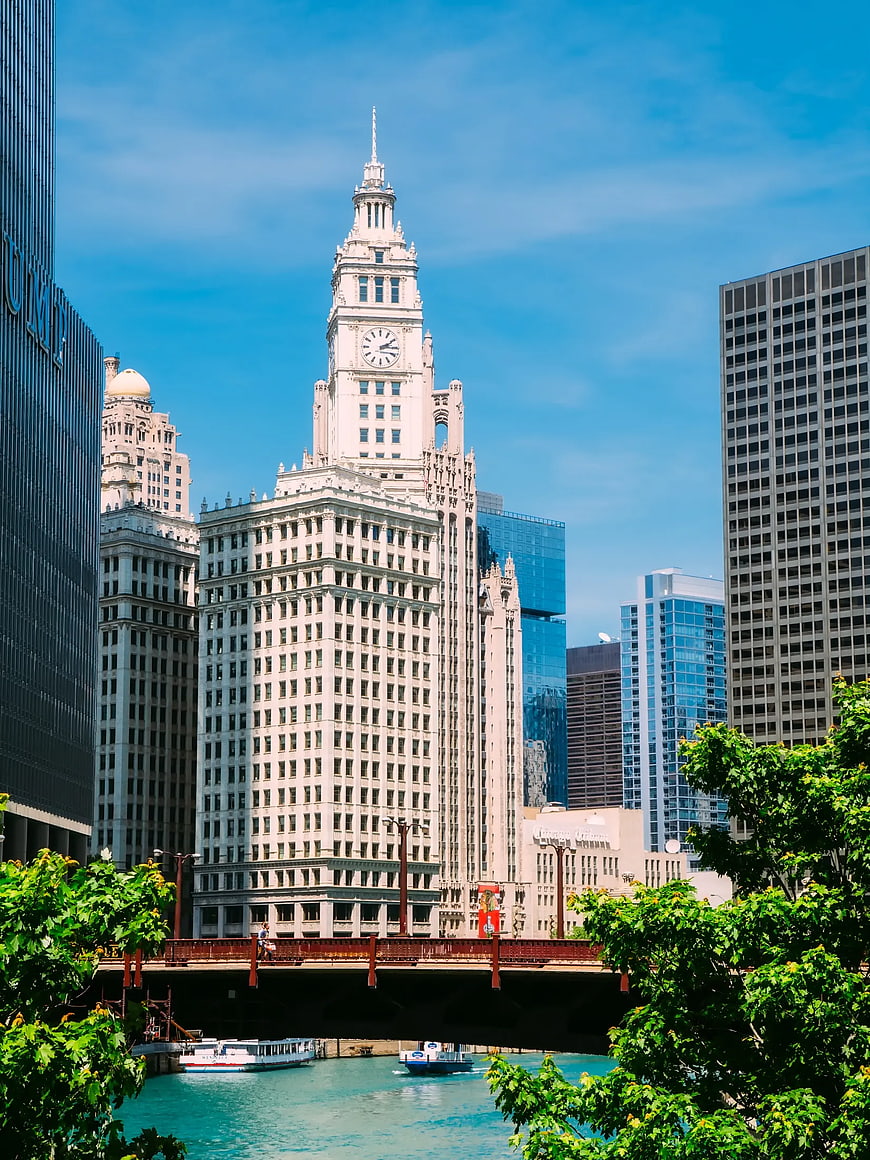 Chicago River and Wrigley Building Clock Tower Skyline