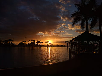 Silhouette of Palm Trees and Cabanas at Sunset Over Water