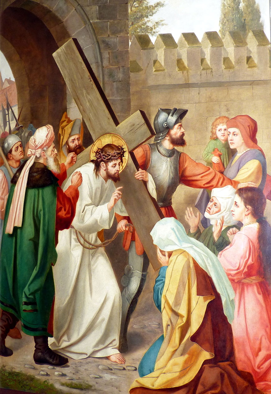 Religious painting of Jesus carrying the cross with mourners