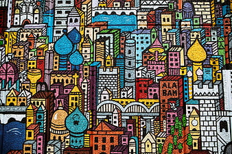 Colorful Street Art Mural of Stylized Cityscape