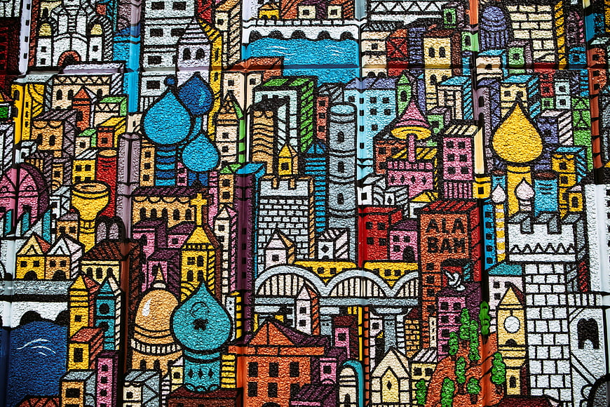 Colorful Street Art Mural of Stylized Cityscape