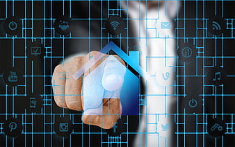 Businessman Touching Smart Home Interface on Digital Screen