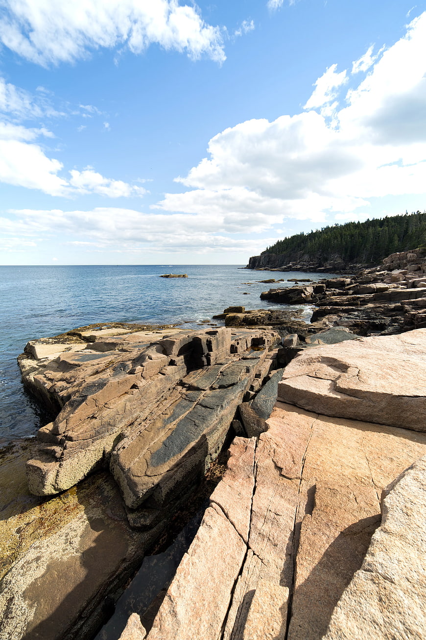 Rugged granite coastline with blue ocean and forested cliffs