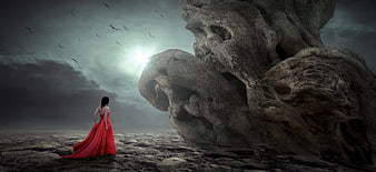 Surreal Fantasy Woman in Red Dress Facing Giant Tree Face