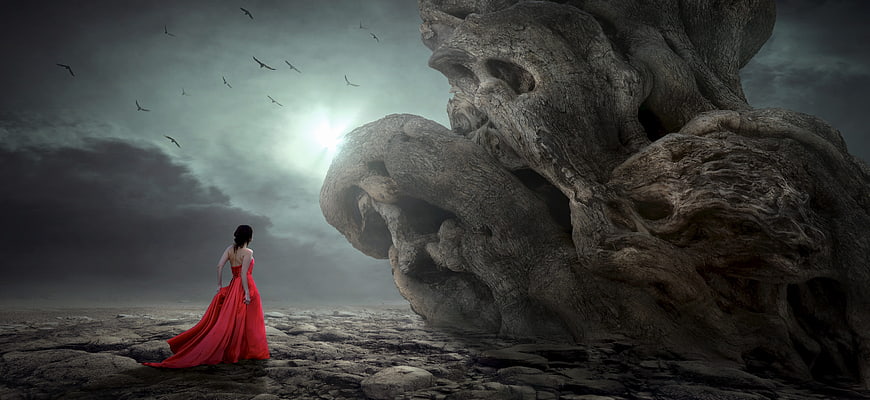 Surreal Fantasy Woman in Red Dress Facing Giant Tree Face