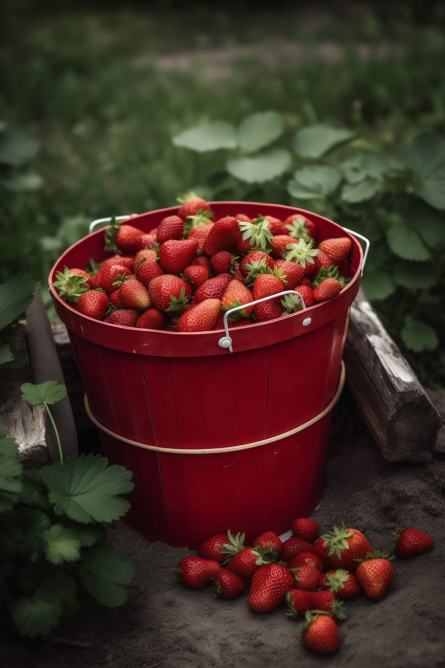 Fresh Strawberries in Red Wooden Bucket Garden