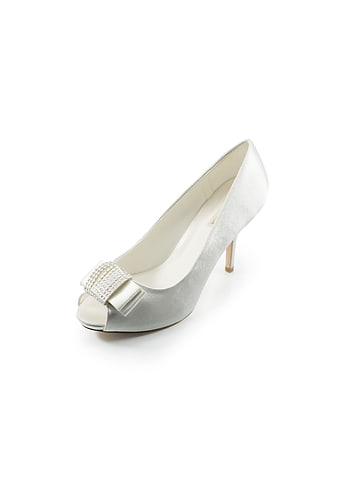 Silver Peep Toe Heel with Crystal Bow on White Background