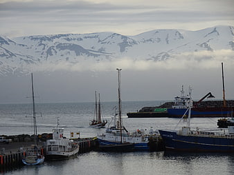 Fishing boats docked in Icelandic harbor with snowy mountains