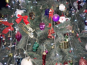 Close-up of Christmas tree with colorful ornaments and lights