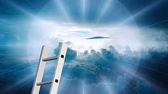 White ladder reaching into clouds with divine light rays