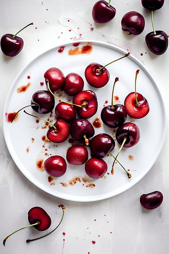 Fresh Red Cherries on White Plate Top View