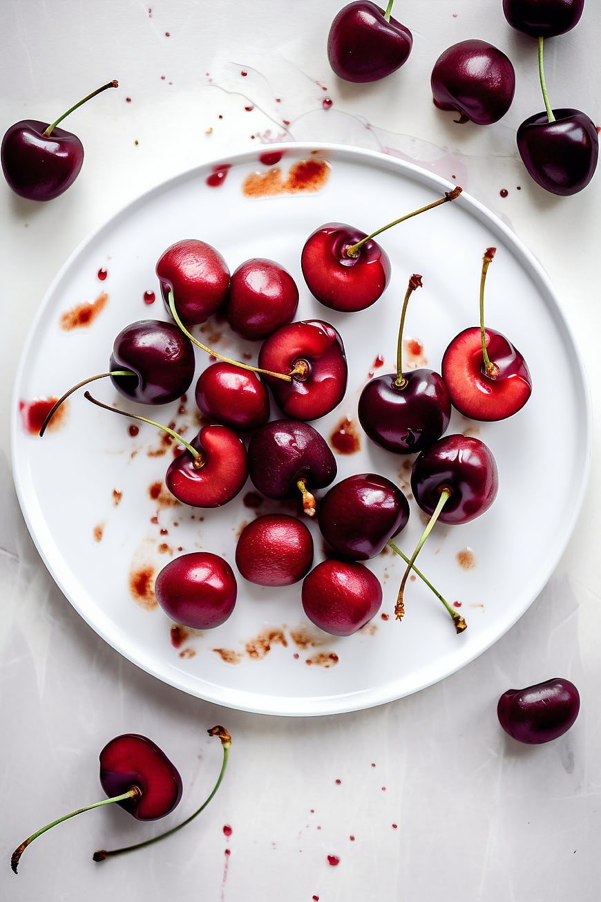 Fresh Red Cherries on White Plate Top View
