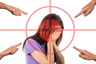 Woman Hiding Face With Red Target Crosshair And Pointing Fingers