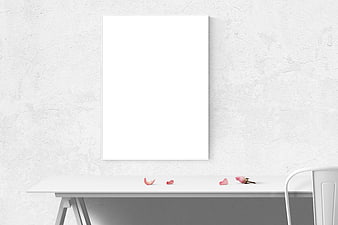Minimalist White Poster Mockup on Textured Wall with Desk