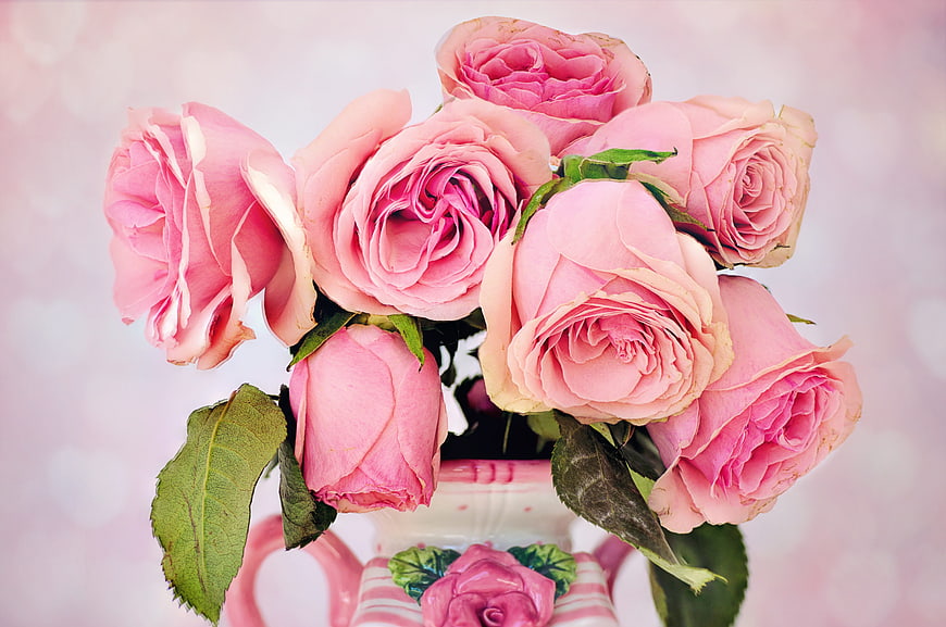 Pink Roses in Decorative Ceramic Vase
