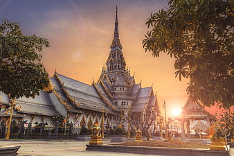 Grand Thai Temple at Sunset with Golden Spire