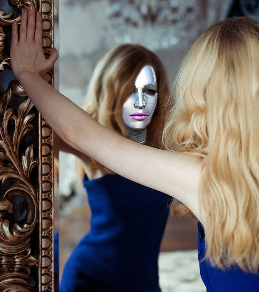 Blonde woman looking at robotic reflection in ornate mirror