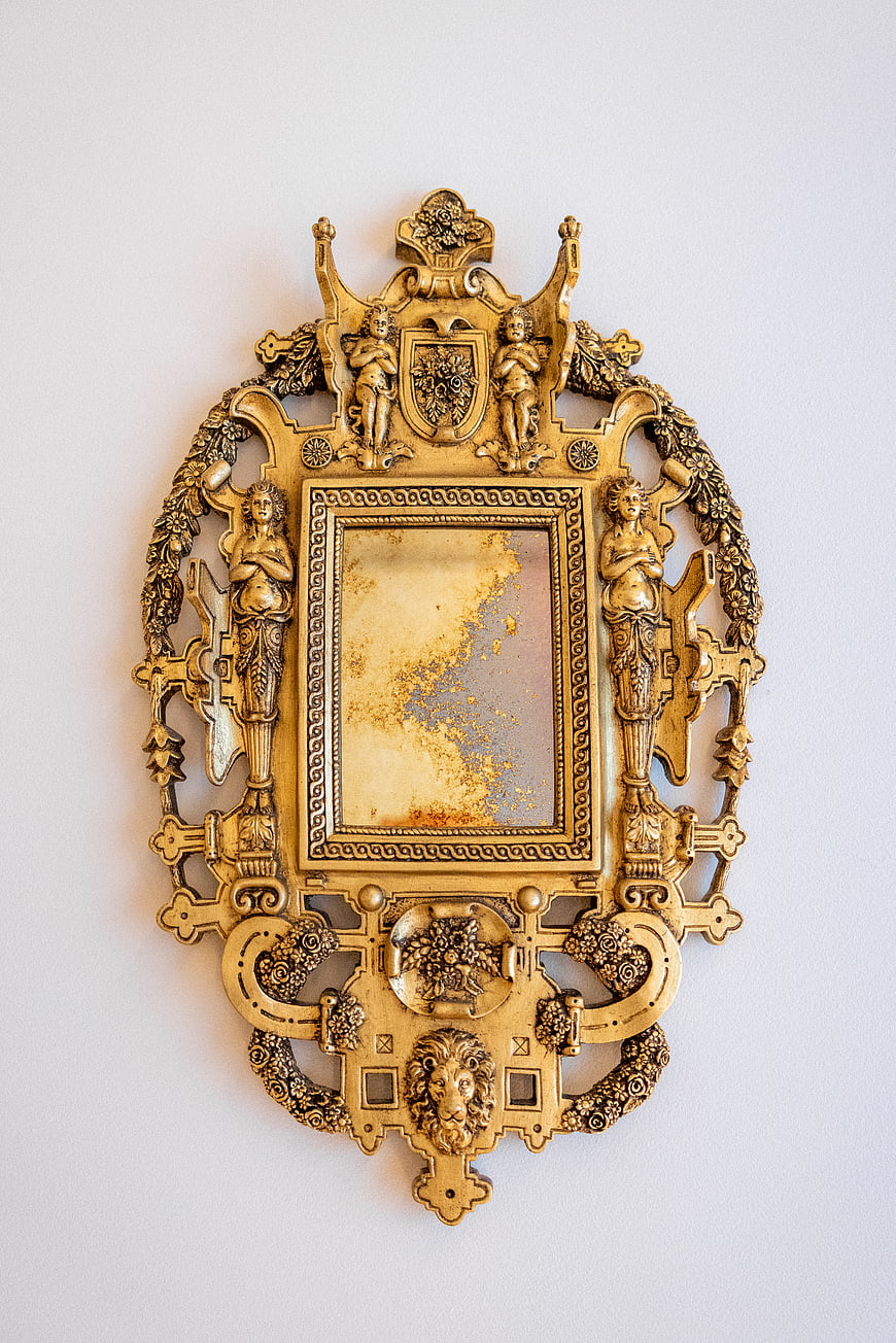 Antique Gold Ornate Mirror with Cherubs and Lion Motif