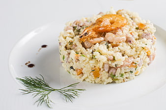 Gourmet Shrimp Risotto on White Plate with Dill Garnish