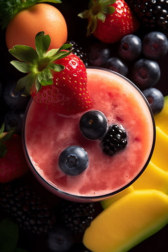 Overhead view of fresh berry and mango smoothie