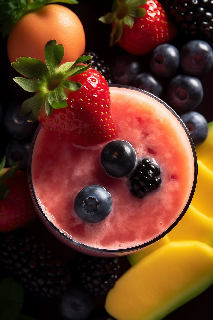 Overhead view of fresh berry and mango smoothie