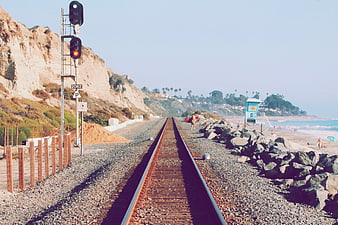 Coastal Train Tracks Leading to Beach and Ocean