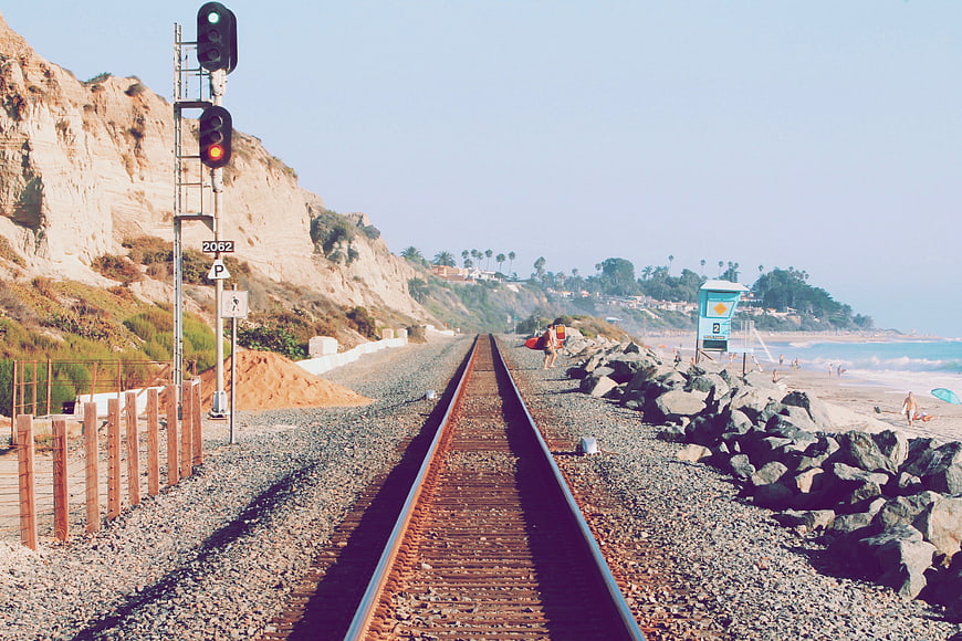 Coastal Train Tracks Leading to Beach and Ocean