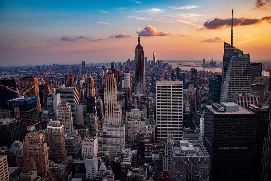 Aerial View of New York City Skyline at Sunset
