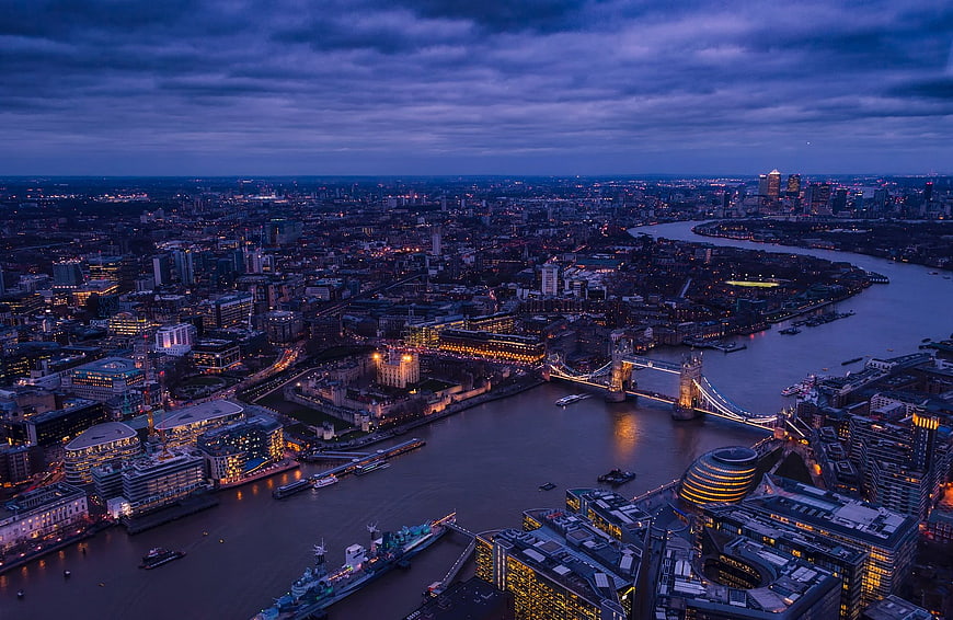 Aerial View of London Skyline at Dusk with Tower Bridge
