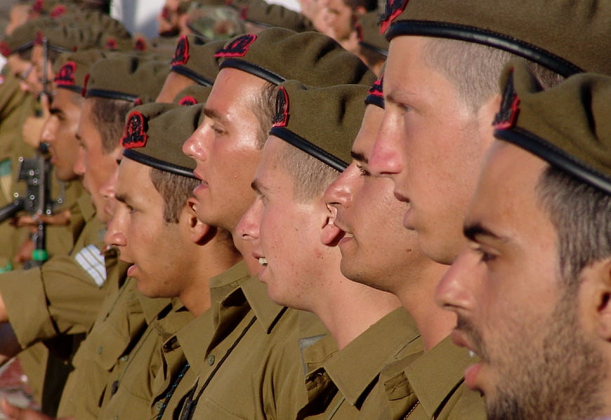Profile of Israeli soldiers in uniform standing in formation